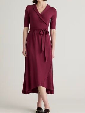 Quince Tencel Midi Wrap Burgundy Dress